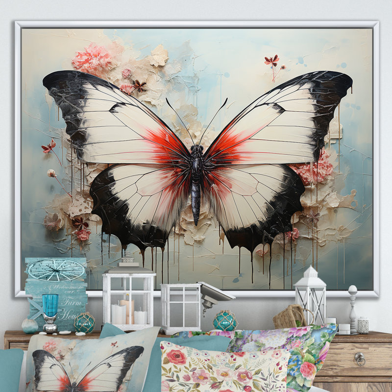 Minimalisme, papillon blanc sur toile, Cadre flottant blanc, H 30 po x l 40 po x P 1,5 po