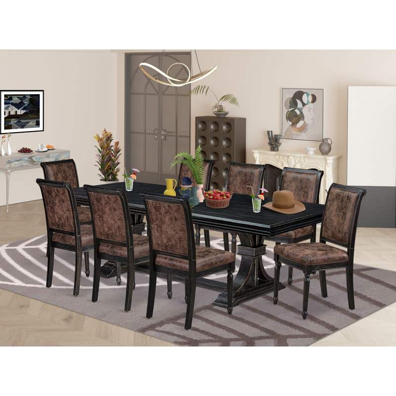 9-piece Kitchen Table Set includes a Modern Dining Table and 8 Brown Textured PU Leather Dinner Chairs with High Back - Sand Blasting Black Finish