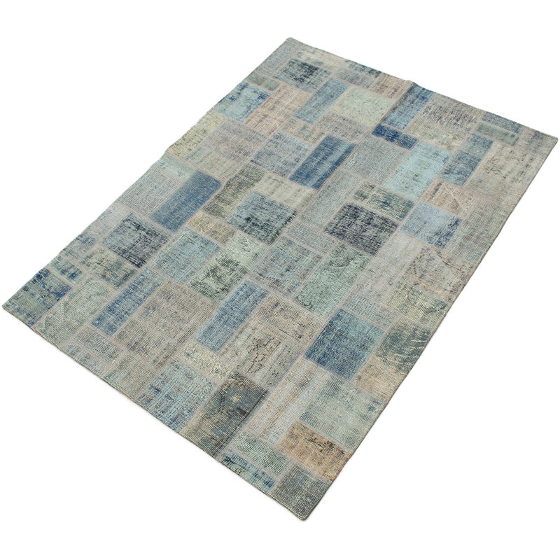 Tapis décoratif bleu clair en laine noué à la main de conception unique noué à la main des années 1980 5 pi 8 po x 7 pi 8 po Bigod