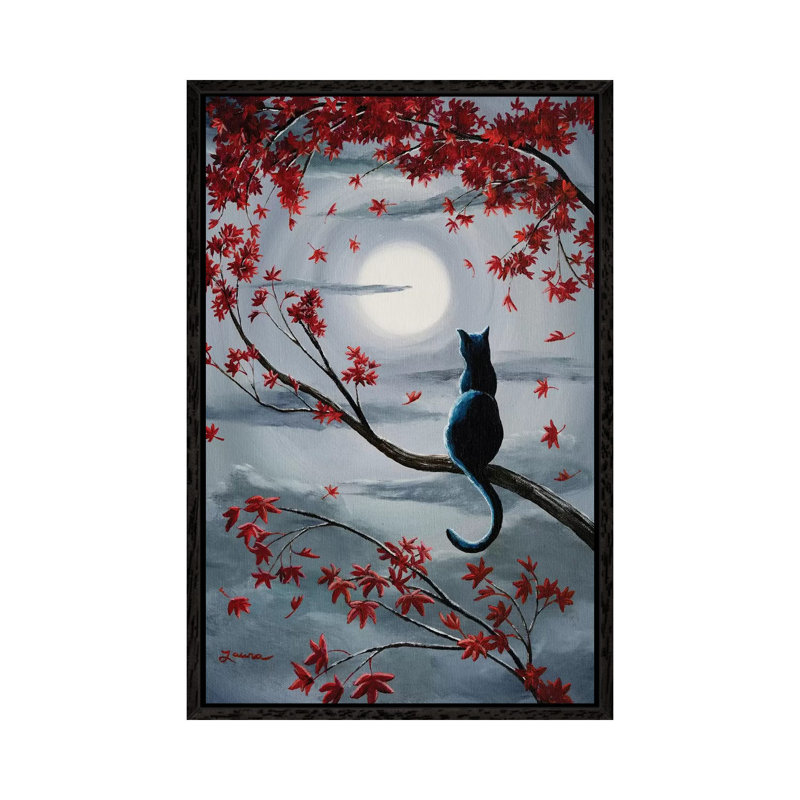 Black Cat In Silvery Moonlight by Laura Iverson - Painting on Canvas, Black Floater Framed, 66cm H x 46cm W x 3.81cm D