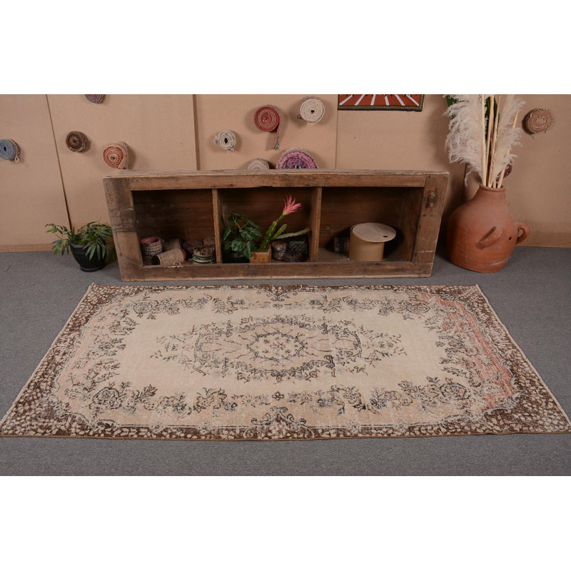 Tapis 3,5 po x 7,3 pi, tapis rétro, tapis tissés à plat, tapis turc, tapis beige, tapis neutres
