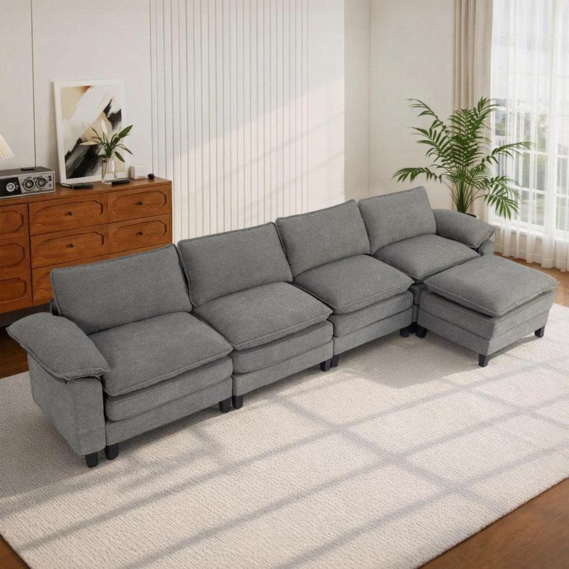 Canapé d'angle rembourré avec 1 repose-pieds, Chenille gris pâle, H 37,4 po x l 146,5 po x P 61 po