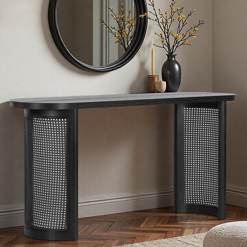 Mid-Century Modern Solid Wood Entryway Console, Black, 29.5" H x 78.7" W x 15" D