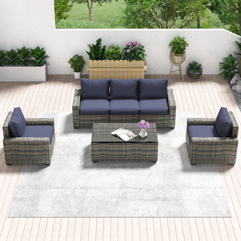 6 Piece Rattan Seating Group with Cushions, Navy