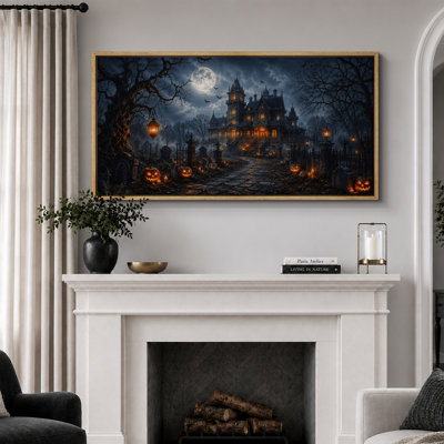 Moonlit Haunted Mansion Halloween Artwork, Living Room Pictures, Framed Canvas Giclee Print 3 Pieces Wall Art - 16"x24"x3pcs