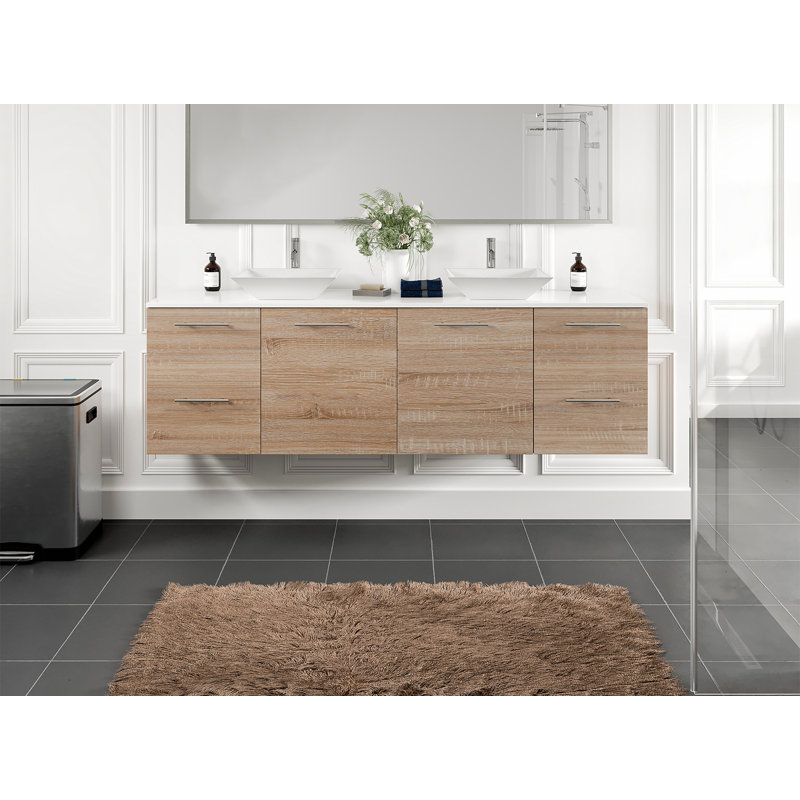 Celino 72'' Wall Mounted Double Bathroom Vanity with Porcelain Vanity Top, White Oak