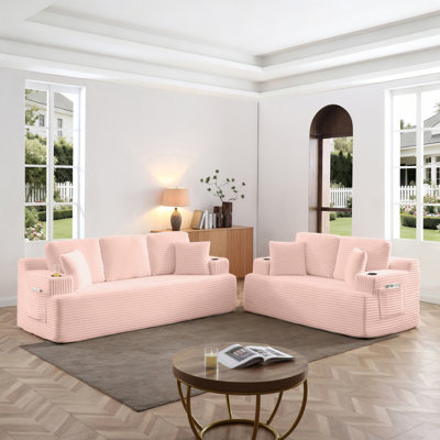 Boneless Sofa Couch With 2 Pillows Extra , Corduroy Fabric 5 Seater With Cup Holder & Side Pocket Upholstered Floor Easy Installation, Pink