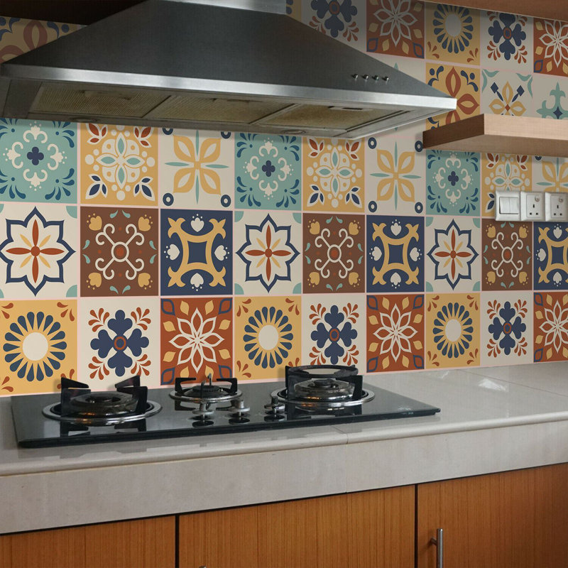 Marjorelle Black and White Moroccan Wall Tile Sticker Set 15cm x 15cm PVC , Brown/Blue