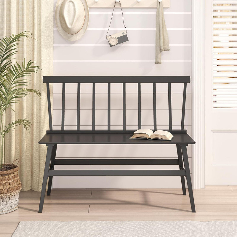Banc d'entrée en bambou, banc de salle à manger de ferme avec dossier à broche en bois Windsor pour vestibule balcon , Noir