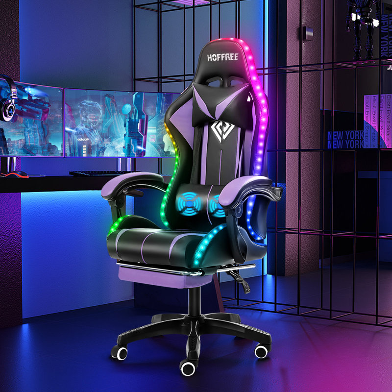Hoffree Reclining Ergonomic PC & Racing Game Chair with LED Lights & Massage Lumbar Pillow, Purple/Black