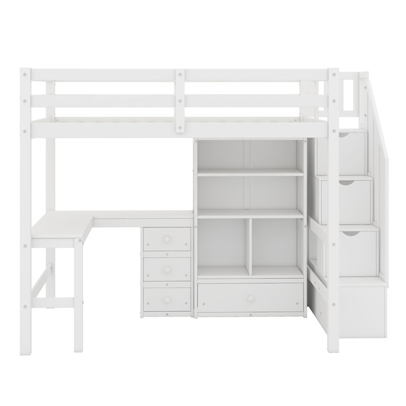 Lit mezzanine avec bureau en L et tiroirs, armoire et escalier de rangement, Blanc