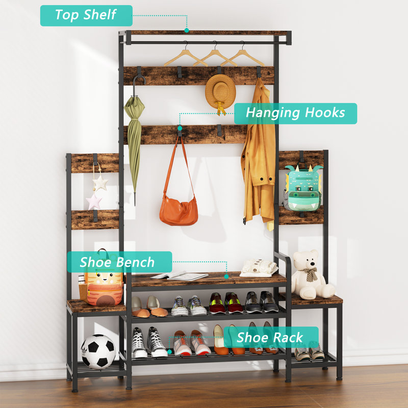 Amandine 55.5" W Hall Tree with Bench and Shoe Storage, Brown