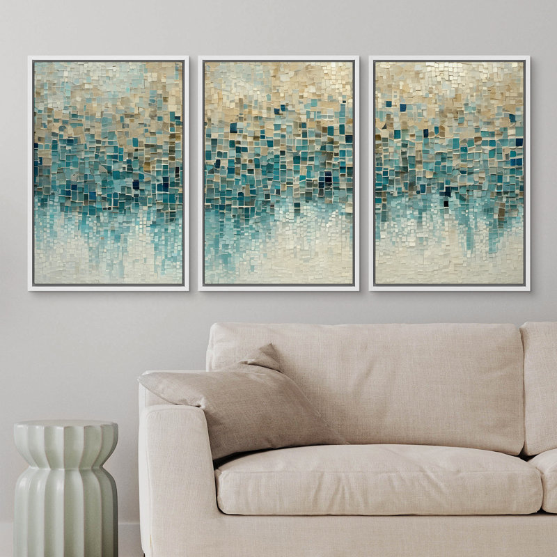 " Geometric Blue Colour Blocks Abstract Shapes Modern Set " 3 - Pieces, 24" H x 16" W x 1.5" D, White Floater Framed