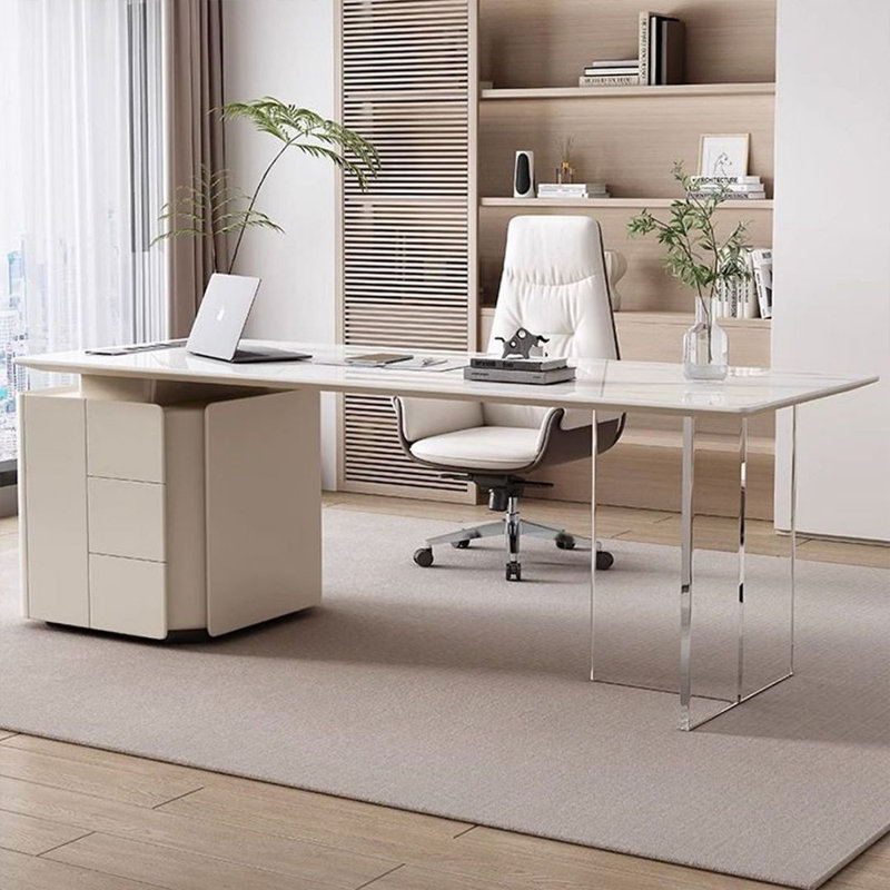 Bureau blanc rectangulaire en bois manufacturé avec 3 tiroirs, H 29,53 po x l 55,12 po x P 29,53 po