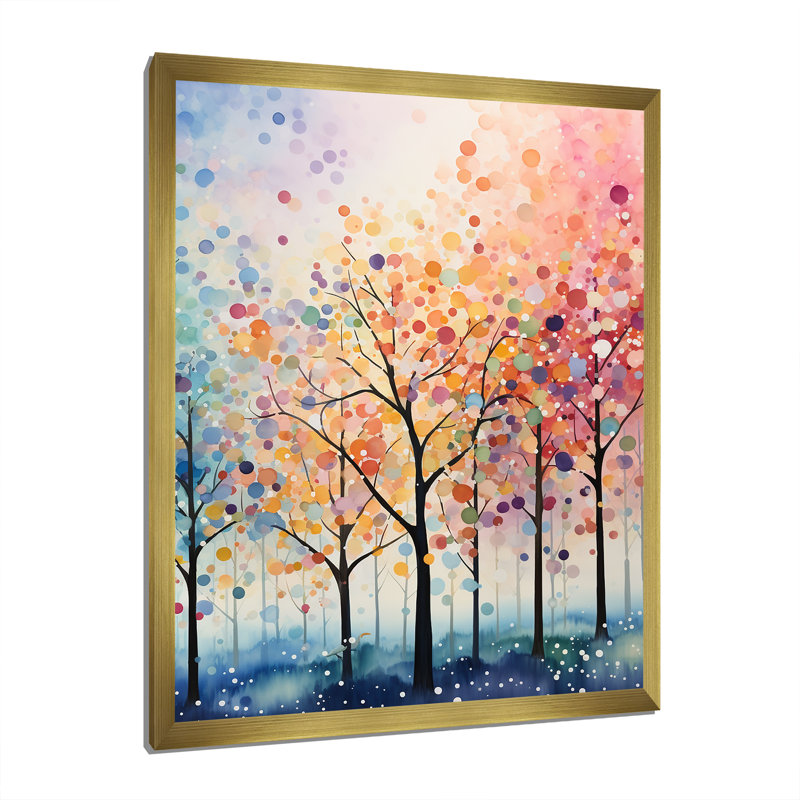 " Trees Field Pointillism Dot ", Gold Picture Framed, 20" H x 12" W x 1" D