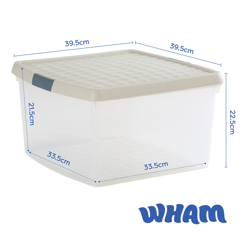 Wham Clip 25.5L Square Plastic Storage Boxes with Secure Clip Lock Lids. L:39.5 x W:39.5 x H:22.5cm Clear/Stone/Slate Grey