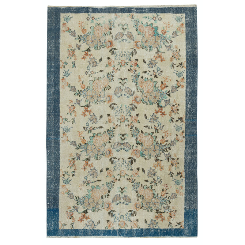 Tapis beige rétro fait à la main avec motif floral et bordure bleu marine uni