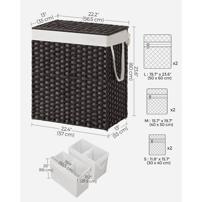 Panier à linge 110l avec 2 sacs de doublure amovibles, Noir, noir, noir, noir