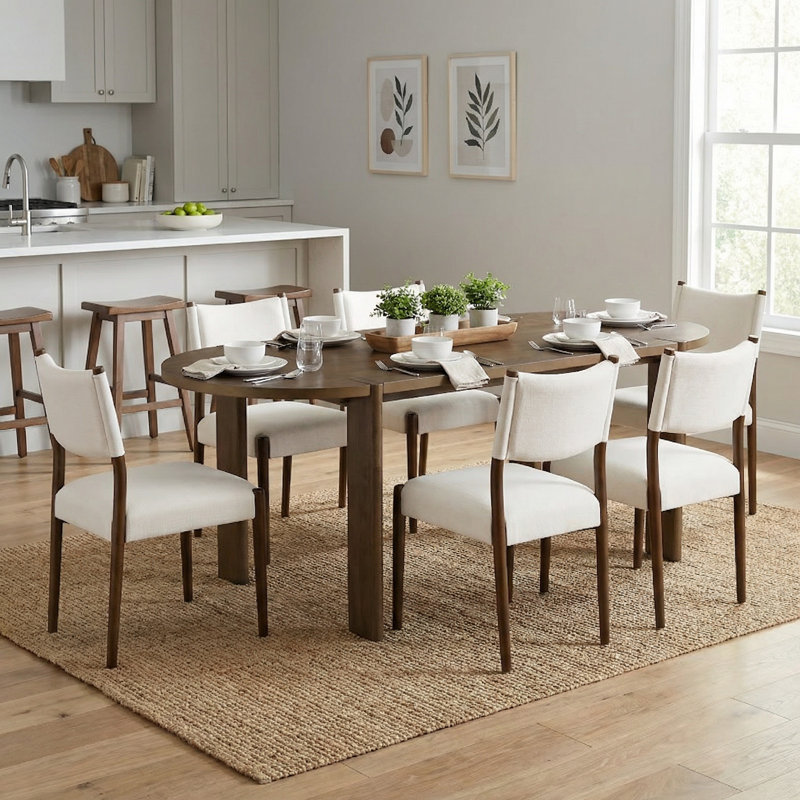 7-Piece Fabric Dining Table Set Oval Beige,Walnut