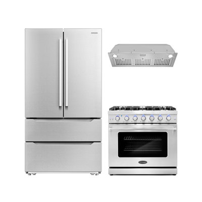 Cosmo 3 Piece Kitchen Appliance Package with French Door Refrigerator 36'' Gas Freestanding Gas Insert Range Hood
