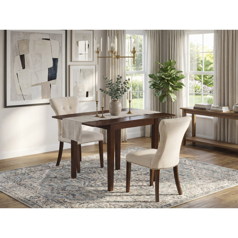 Ensemble de table de salle à manger rectangulaire en bois massif avec plateau Dropleaf, Acajou, 3 pièces: 1 table, 2 chaises