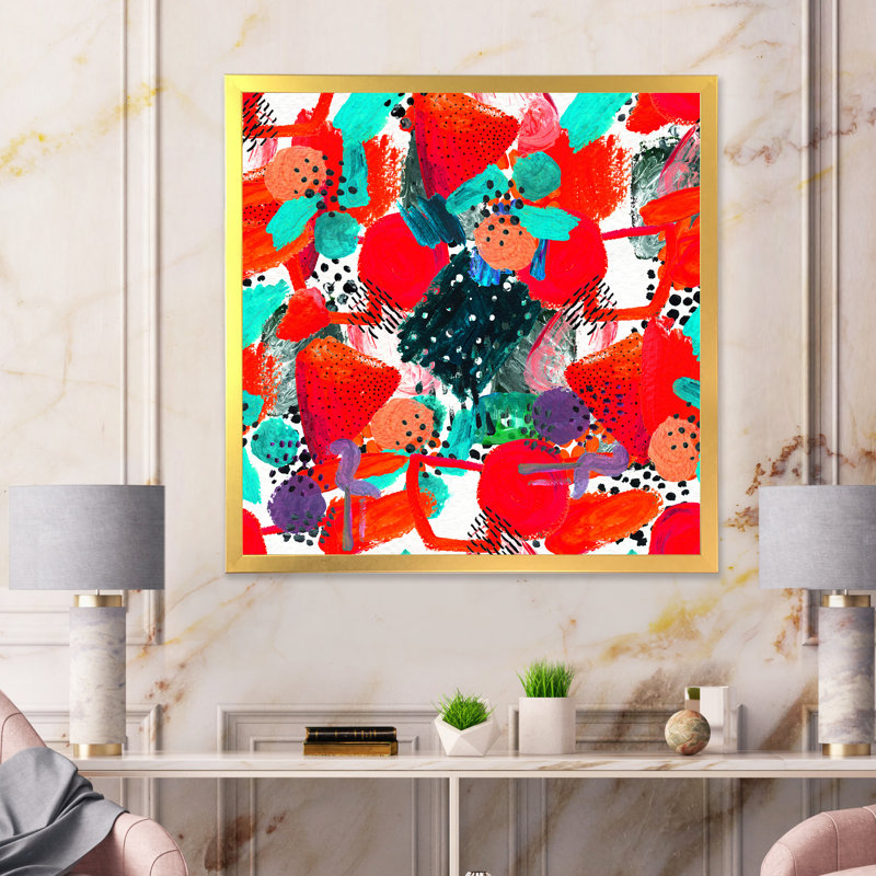 " Red And Turquoise Brush Patterns " Painting Print, 36" H x 36" W, Gold Picture Framed
