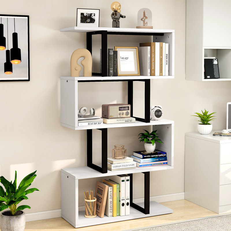 Chaneyra 5-Tier Corner Shelf Unit，80 x 143 cm  S-Shaped Small Bookcase, White/Black