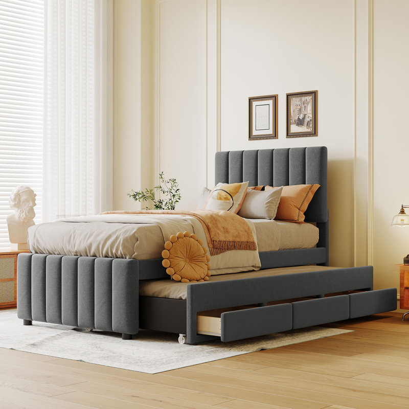 Lit plateforme simple tapissier avec lit gigogne et 3 tiroirs, tissu en lin, gris