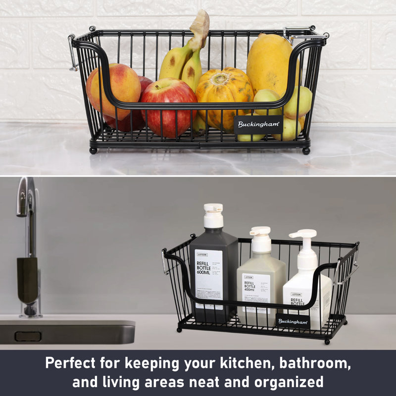 Buckingham Multi-Purpose Stackable Storage Organising Basket, 16cm H x 17cm W x 31.5cm D, Black