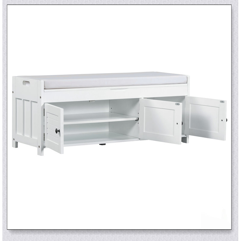 Banc de rangement rustique avec 3 portes en forme de volet et compartiments cachés, idéal pour les vestibules et les chambres à coucher
