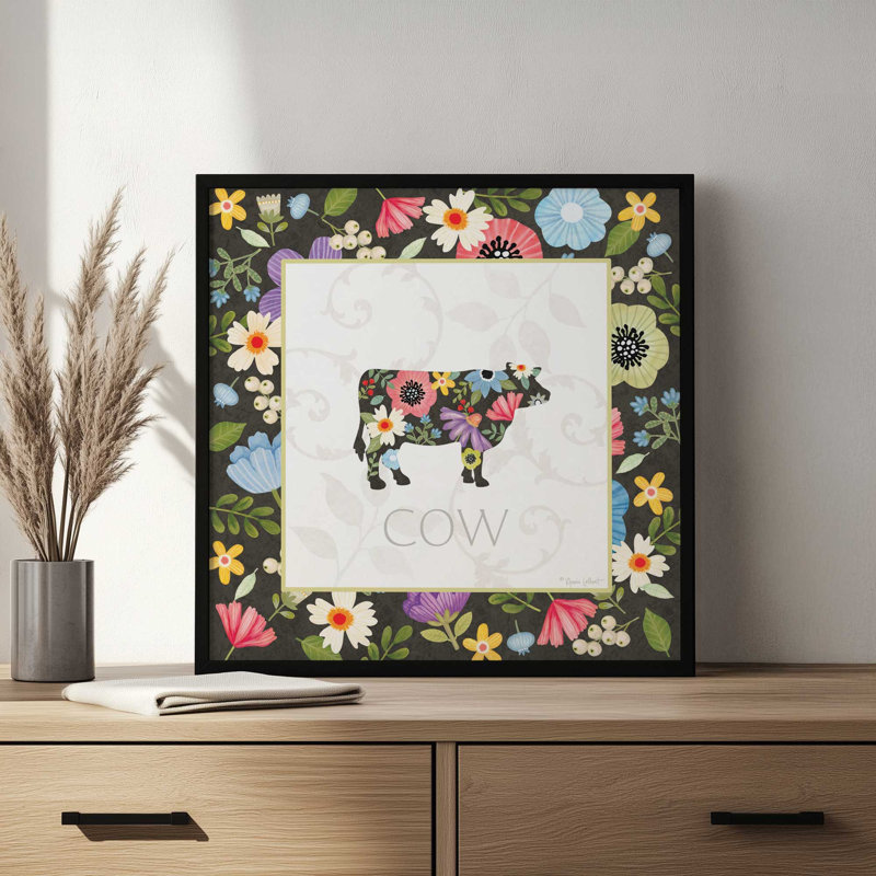 Reproduction de l'œuvre « Spring Farm Cow » d'Annie LaPoint, L 12 po x H 12 po, Argent, Impression encadrée
