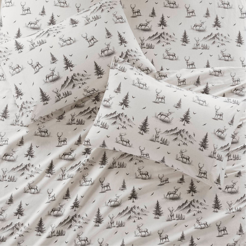 4 PCS Sheet Set Gray Deer Toile, Full Duvet Cover + 3 Additional Pieces