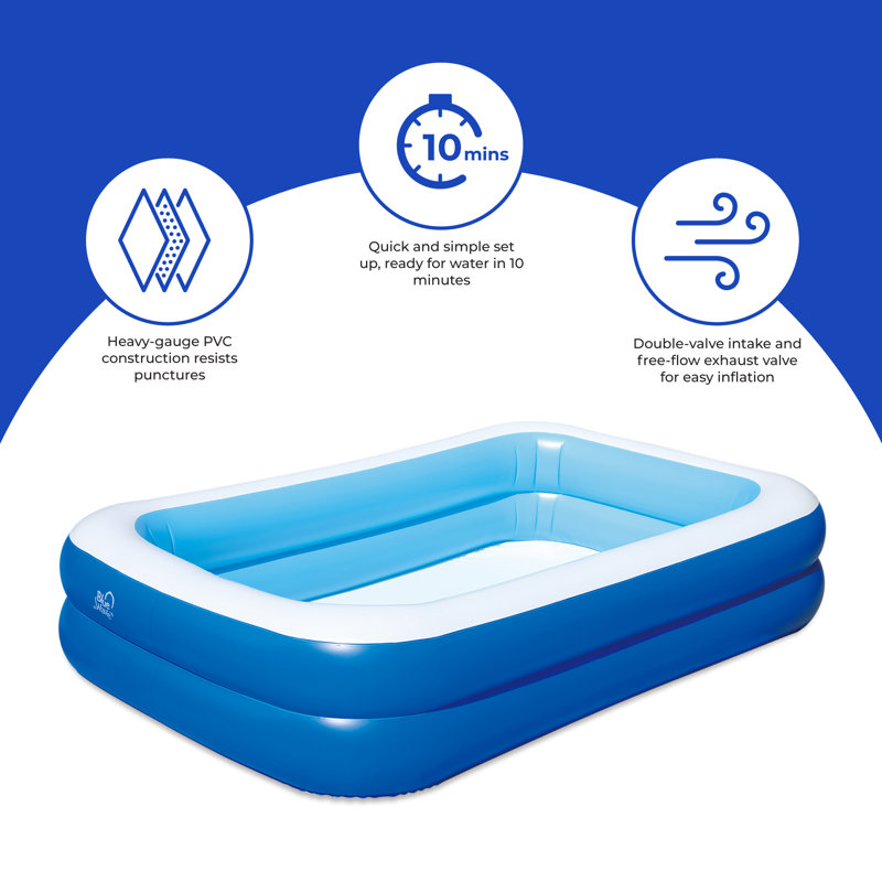 Blue and White Rectangular Inflatable Family Pool with Cover