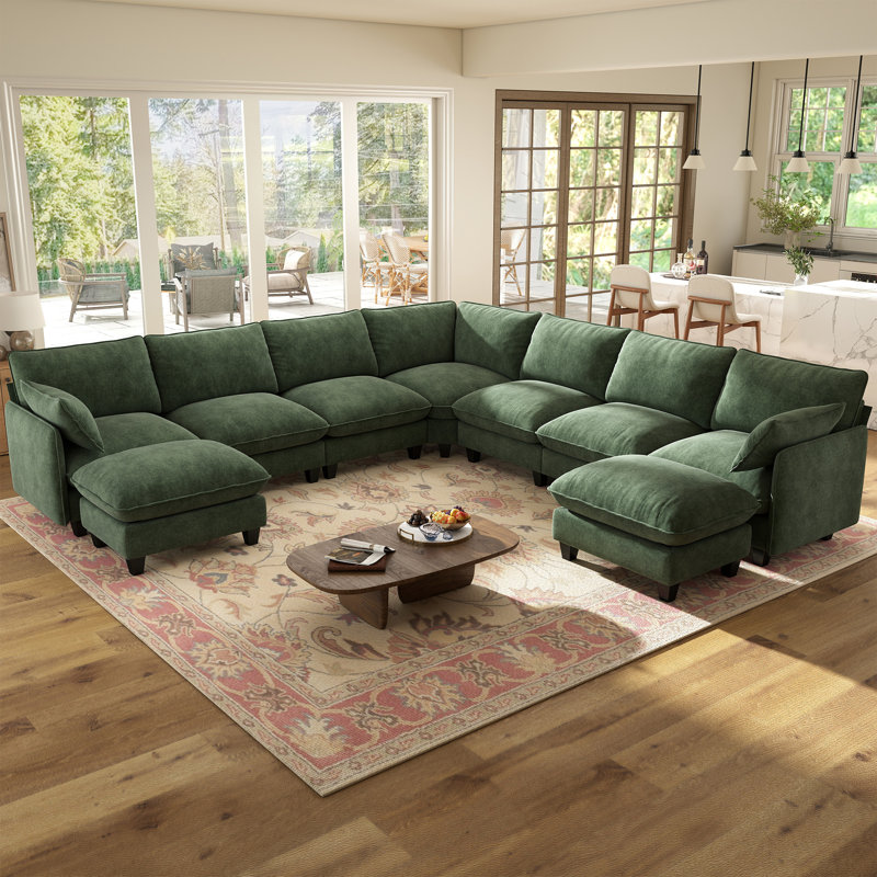 Canapé modulaire rembourré 140 po Acker 7 places et 2 repose-pieds Acker, Chenille verte, 7