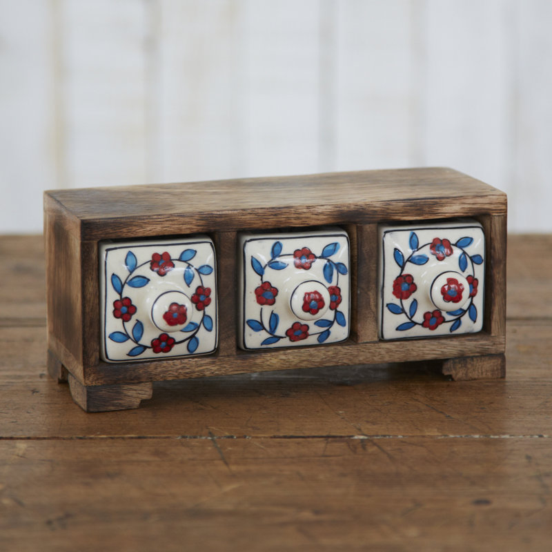 Hand Painted White Floral Ceramic 3 Drawer Chest