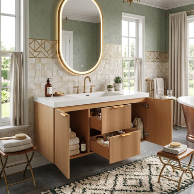 Meuble-lavabo mural 47,24 po avec lavabo SMC, armoire en bois aggloméré avec tiroirs en U et poignées dorées