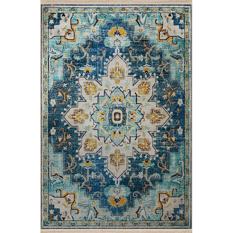 Tapis lavable décoratif floral bleu à motif floral traditionnel, Sous-tapis rectangulaire de 3 pi 3 po x 4 pi 11 po