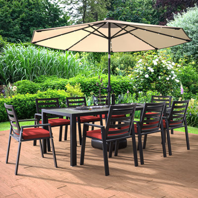 Letendre 9-Piece Outdoor Dining Set Rectangular Dining Table with Slats and 8 Arm Chairs in Aluminum by Hokku Designs