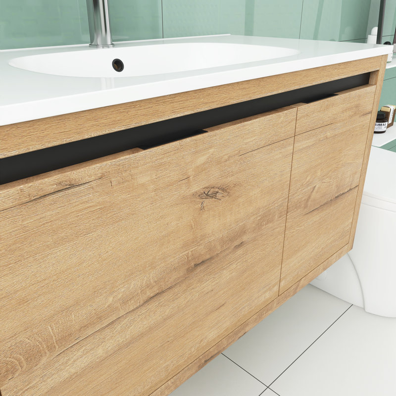 Meuble-lavabo mural simple 35,4 po avec plateau en résine Hernani, Imitation chêne
