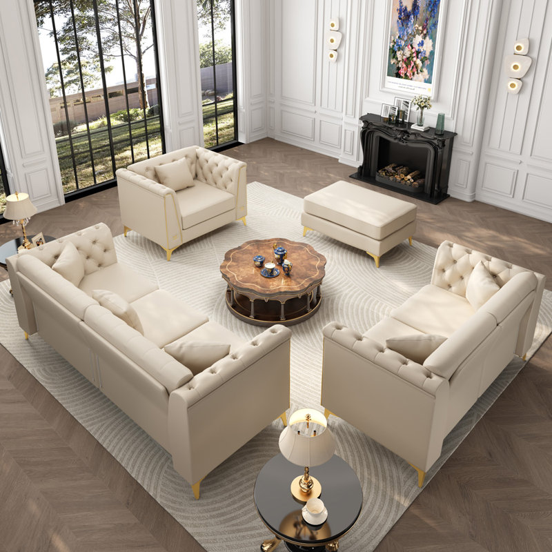 Canapé rembourré capitonné avec pieds en métal, Beige
