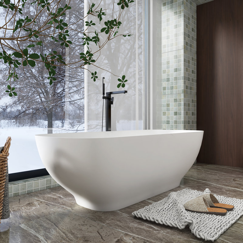 Matte White Freestanding Soaking Bathtub with Overflow and Drain