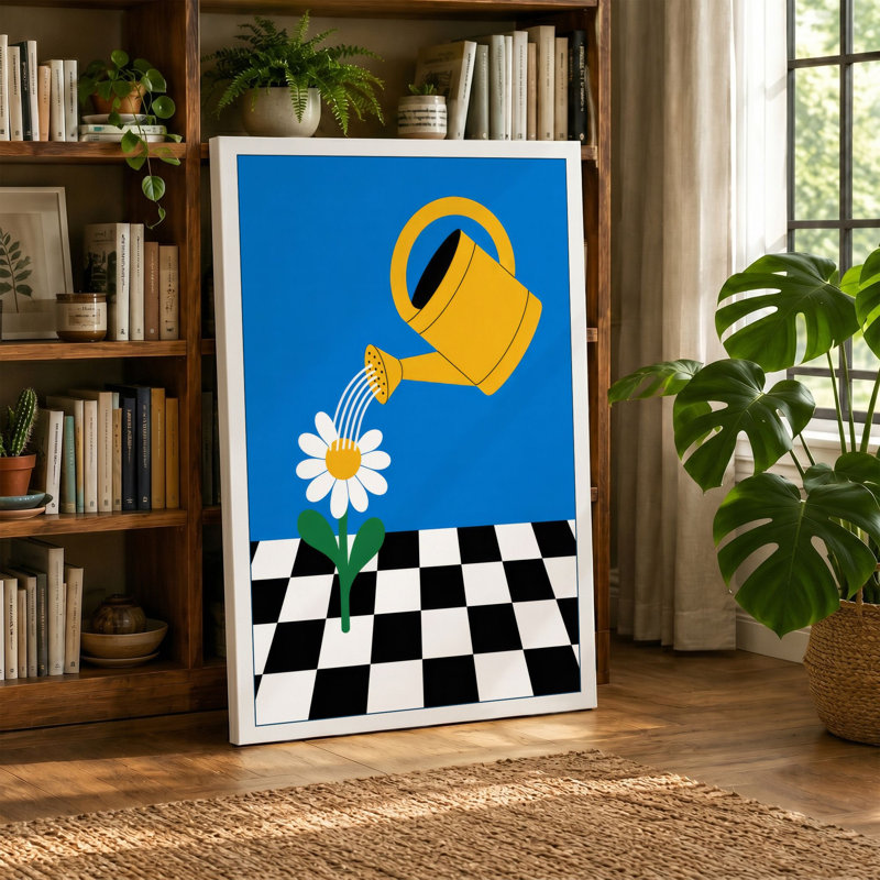 Watering the Daisy Modern - Wrapped Canvas, 24x16 - 61.0 x 40.6 cm, Teal Border