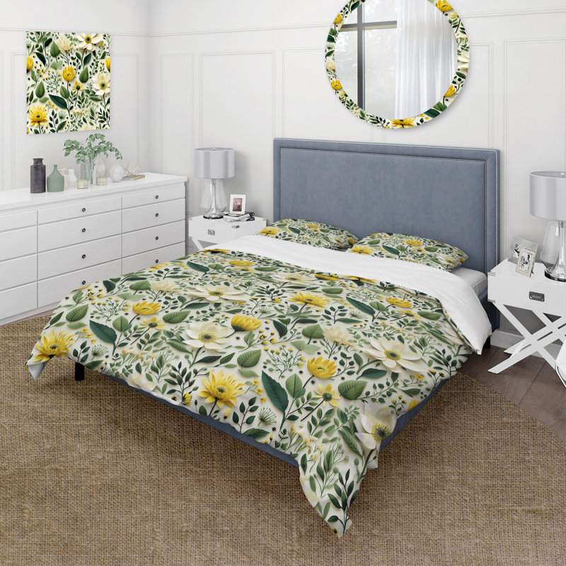 Meadow Greenery Botanical Green Duvet Cover, Twin Duvet Cover + 1 Standard Sham