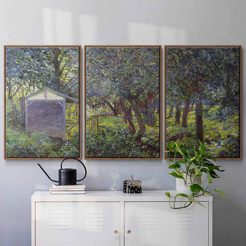 «In Monets Garden, Giverny» par Monet, reproduction sur toile 3 pièces, H 36 po x l 75 po x P 2 po, Cadre noyer