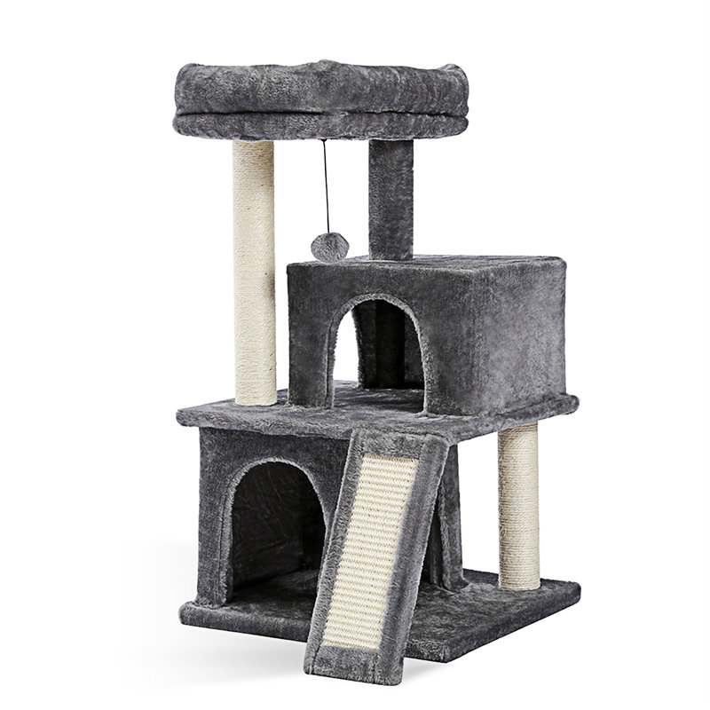 34 Inches Multilevel Plush Double Condos Cat Tree, Grey