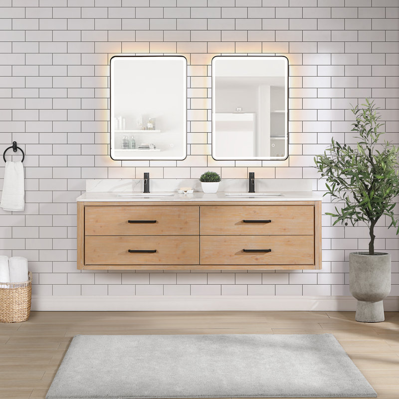 Meuble-lavabo double 72 po avec plateau Cristo, Bois de sapin brun