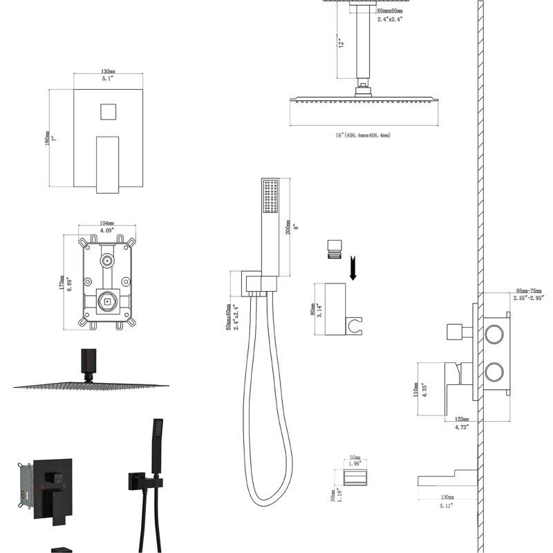 16" Rainfall Shower System With Waterfall Spout - Handheld Bronze Ceiling Mount Tub & 3 Function Head, Matte Black