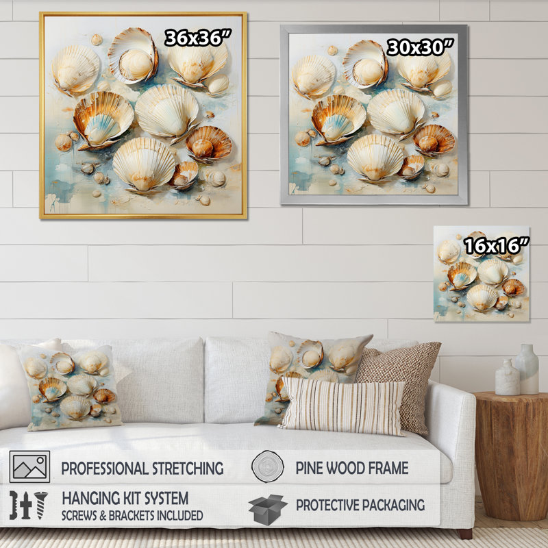 Beige Clam Nautical Treasures I - Animals Wall Decor, Cadre flottant noir, H 36 po x l 36 po x P 1,5 po