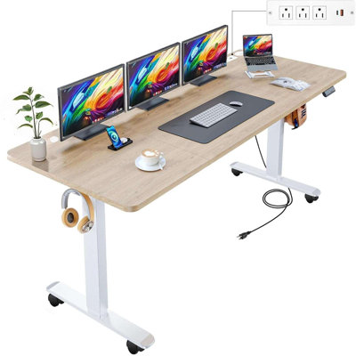 70.87" Electric Height Adjustable Standing Desk With 4 Lockable Casters, 2 Hooks, Big Mouse Pad And Outlets