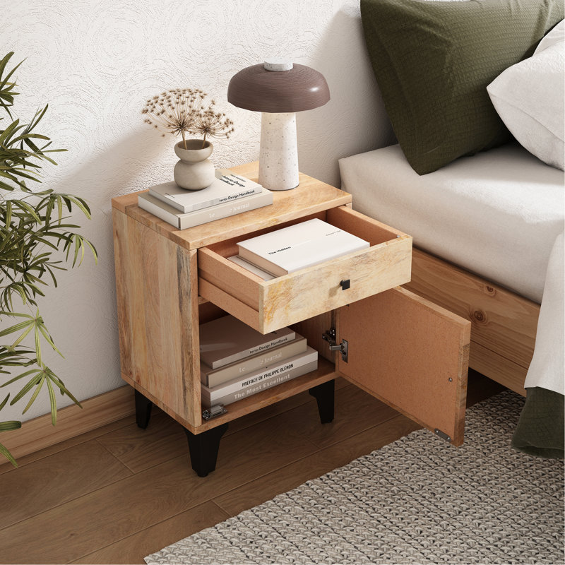 Table de chevet en bois de manguier massif faite à la main 1, finition naturelle, grand rangement pour les objets personnels, l 18 po x P 14 po H 24 po